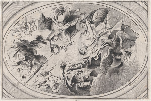 Apotheosis of James I, with the king seated at the bottom, an eagle below him, two ..., ca. 1639-66. Creator: Lucas Vorsterman II.