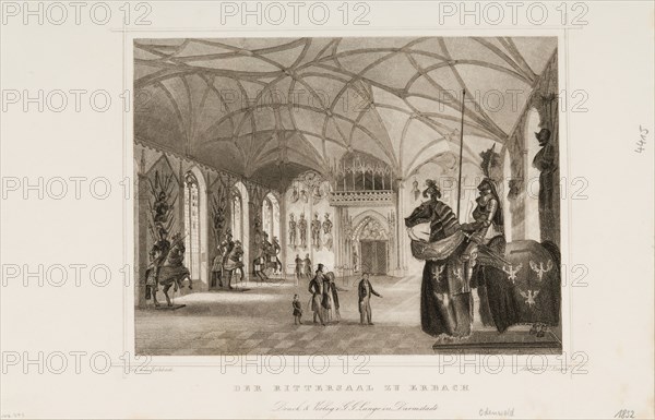 Print of Der Rittersaal zu Erbach (Interior of Gothic Revival armory of Erbach Castle)..., ca. 1850. Creator: Ludwig Rohbock.