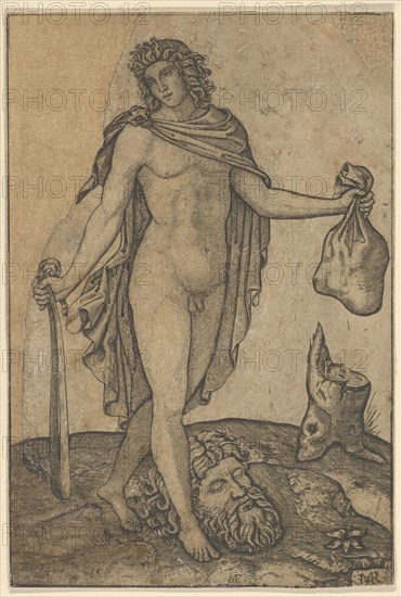 David standing, sword in lowered right hand, sack in the left, the head of Goliath on ..., ca. 1506. Creator: Marcantonio Raimondi.