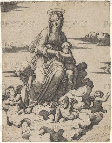 The Virgin and the Christ Child seated on clouds, ca. 1500-1534. Creator: Marcantonio Raimondi.