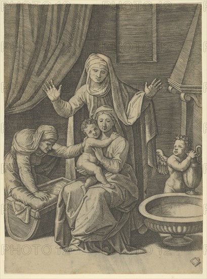 The Virgin holding the Christ Child, St Anne standing above with arms outstretched, St..., ca. 1520. Creator: Marcantonio Raimondi.