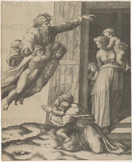 God carried by angels, appearing to Noah and his family, after the Flood , ca. 1513-15. Creator: Marcantonio Raimondi.