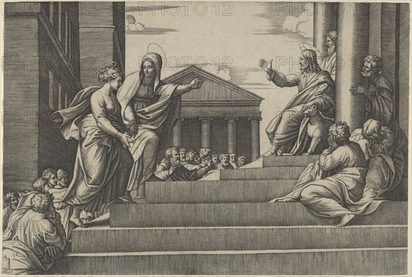 Martha leading Mary Magdalene up a flight of stairs to Christ who is seated at righ..., ca. 1530-60. Creator: Marcantonio Raimondi.