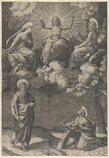 Christ flanked by the Virgin and St. John in the upper section, St. Paul and St. Ca..., ca. 1520-25. Creator: Marcantonio Raimondi.