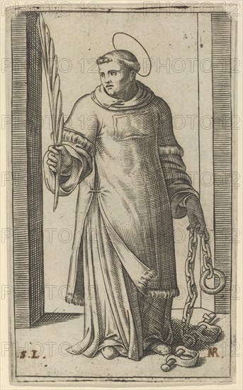 St Leonard standing holding a palm in his right hand and chains in his left, from..., ca. 1500-1527. Creator: Marcantonio Raimondi.