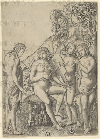 A young man, seated and playing the violin at centre, flanked by two woman holding ..., ca. 1510-27. Creator: Marcantonio Raimondi.