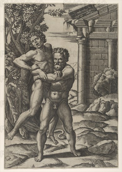 Hercules holding Antaeus by the waist and lifting him off his feet, ca. 1520-22.. Creator: Marcantonio Raimondi.