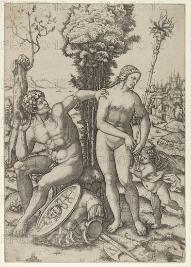 Mars seated at the left, his left hand on Venus's shoulder, cupid beside her at the right,..., 1508. Creator: Marcantonio Raimondi.