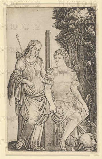 Venus standing at left resting her hand on the shoulder of Aeneas seated at right..., ca. 1500-1527. Creator: Marcantonio Raimondi.
