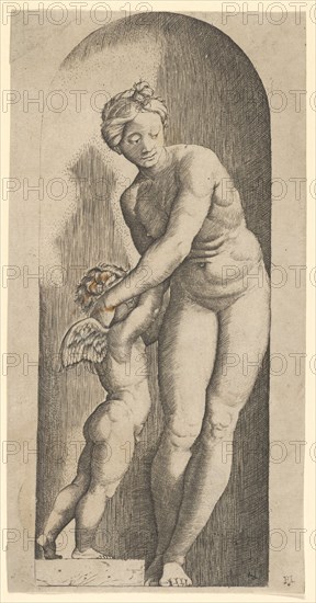 Venus and Cupid standing in a niche, ca. 1500-1527. Creator: Marcantonio Raimondi.