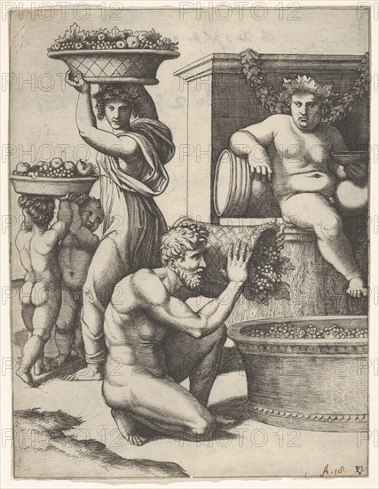 The Vintage; a man pouring grapes from a basket into a vat, above Bacchus sitting, ..., ca. 1517-20. Creator: Marcantonio Raimondi.