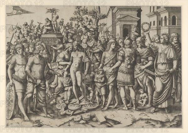 The triumph of a Roman Emperor; a young naked hero stands at center on a pile of armor..., ca. 1510. Creator: Marcantonio Raimondi.