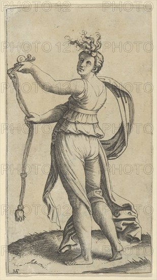 A woman representing Temperance holding a bit facing left, ca. 1510-27. Creator: Marcantonio Raimondi.