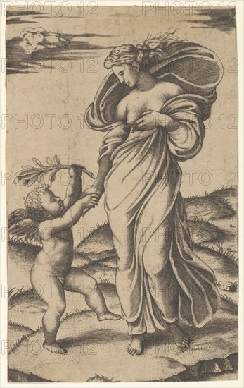 An allegory of Peace; Peace personified as a woman standing in a landscape holding ..., ca. 1517-20. Creator: Marcantonio Raimondi.