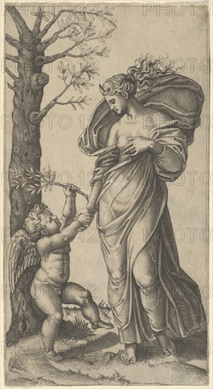 An allegory of Peace; Peace personified as a woman standing in a landscape holding ..., ca. 1517-20. Creator: Marcantonio Raimondi.