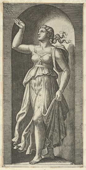 Faith personified by a woman standing in a niche, pointing to rays in the upper lef..., ca. 1515-25. Creator: Marcantonio Raimondi.