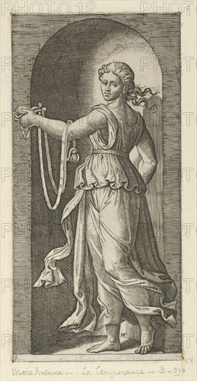 Temperance personfied by a woman standing in a niche holding a bit, from 'The Virtu..., ca. 1515-25. Creator: Marcantonio Raimondi.