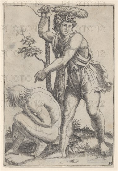 The seated naked man at left being beaten with a fox's tail, ca. 1510-27. Creator: Marcantonio Raimondi.