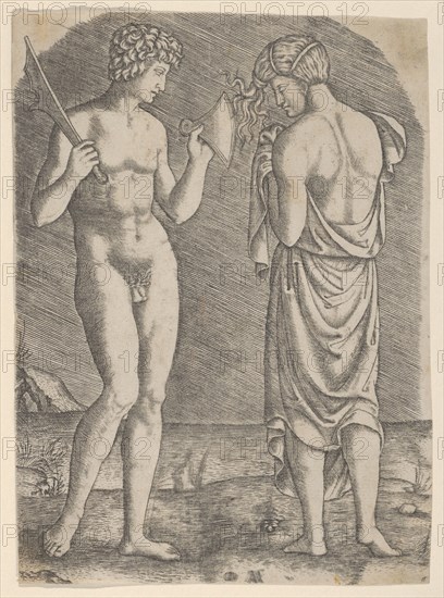 A naked man at left showing an axe to a woman at right, ca. 1510-27. Creator: Marcantonio Raimondi.