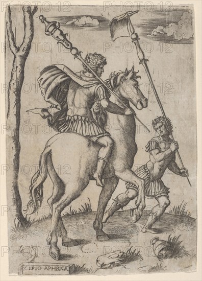 Scipio Africanus on horseback preceeded by a foot soldier holding a standard, ca...., ca. 1500-1534. Creator: Marcantonio Raimondi.