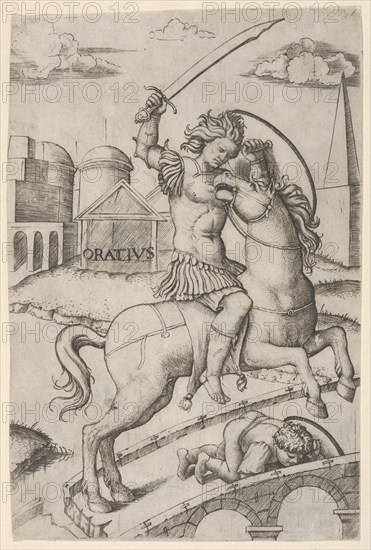 Horatius Cocles on horseback, trampling a fallen soldier, ca. 1510-27. Creator: Marcantonio Raimondi.