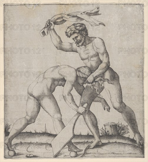 A naked man holding Fortune by the hair and whipping her, ca. 1510-27. Creator: Marcantonio Raimondi.