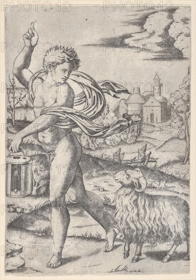 A naked young man walking left, carrying a lantern and looking backwards over his s..., ca. 1510-27. Creator: Marcantonio Raimondi.