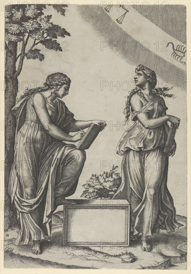 Two women of the zodiac standing beneath the signs of Libra and Scorpio, ca. 1517-20.. Creator: Marcantonio Raimondi.