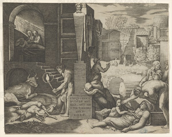 A plague scene at right, a man at left holding a torch illuminating part of the sce..., ca. 1515-16. Creator: Marcantonio Raimondi.