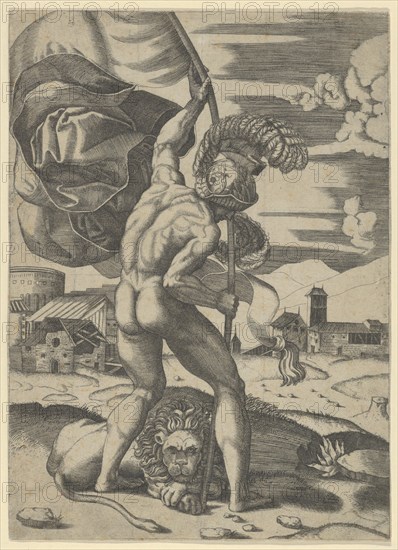 Naked man wearing an elaborate helmet viewed from behind holding a banner, a lion..., ca. 1500-1534. Creator: Marcantonio Raimondi.