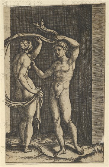 Nude woman viewed from behind holding fabric which blows behind her, looking at m..., ca. 1500-1534. Creator: Marcantonio Raimondi.