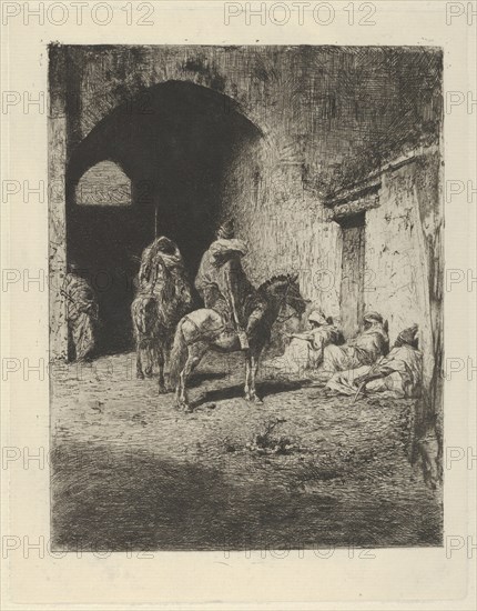 Guards on horseback at the entrance to the Kasbah in Tetuan, figures sitting on the gro, ca. 1873. Creator: Mariano Jose Maria Bernardo Fortuny y Carbo.