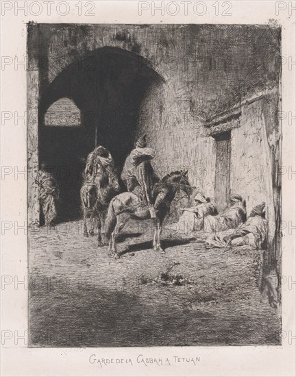Entrance to the Kasbah in Tetuan, figures sitting on the ground, others on horseback, ..., ca. 1873. Creator: Mariano Jose Maria Bernardo Fortuny y Carbo.