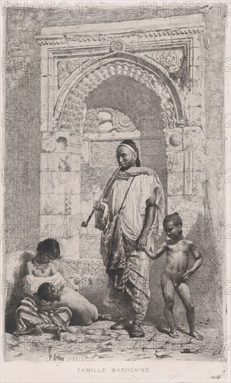 A Moroccan family in front of an arch, father standing, mother lower left on the ground ho..., 1862. Creator: Mariano Jose Maria Bernardo Fortuny y Carbo.