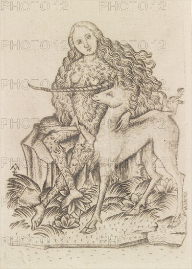 Playing Card, with Wild Woman and Unicorn, 15th century. Creator: Master ES.