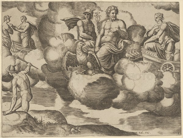 Venus in her dove-drawn chariot complaining to Jupiter who is accompanied by Mercury, f..., 1530-60. Creator: Master of the Die.