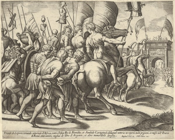 The Triumph of Scipio who rides on a horse followed by captured slaves, 1530-60. Creator: Master of the Die.