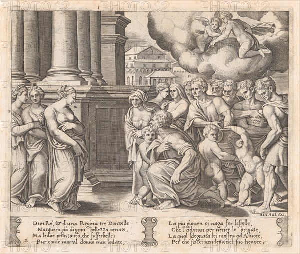 Plate 2: People rendering divine honors to Psyche, from the Story of Cupid and Psyche a..., 1530-60. Creator: Master of the Die.