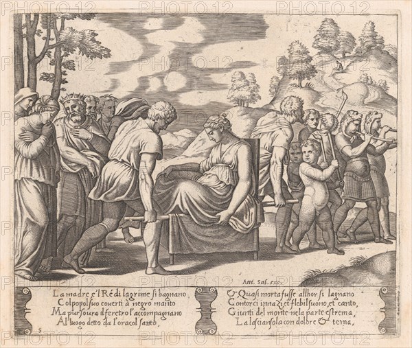 Plate 5: Psyche, seated, being taken to a mountain with a musical troupe lead the way, ..., 1530-60. Creator: Master of the Die.