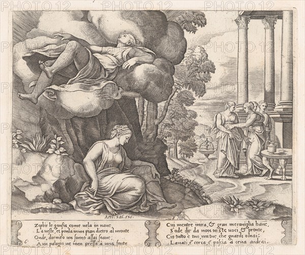 Plate 6: Zephyr carrying Psyche to an enchanted palace, from the Story of Cupid and Psy..., 1530-60. Creator: Master of the Die.
