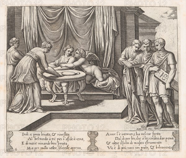 Plate 8: Psyche seated at a table attended by invisible servants, as Cupid rests his he..., 1530-60. Creator: Master of the Die.