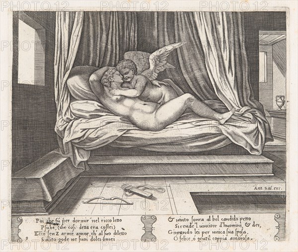 Plate 9: Cupid and Psyche on a bed, from the Story of Cupid and Psyche as told by Apule..., 1530-60. Creator: Master of the Die.