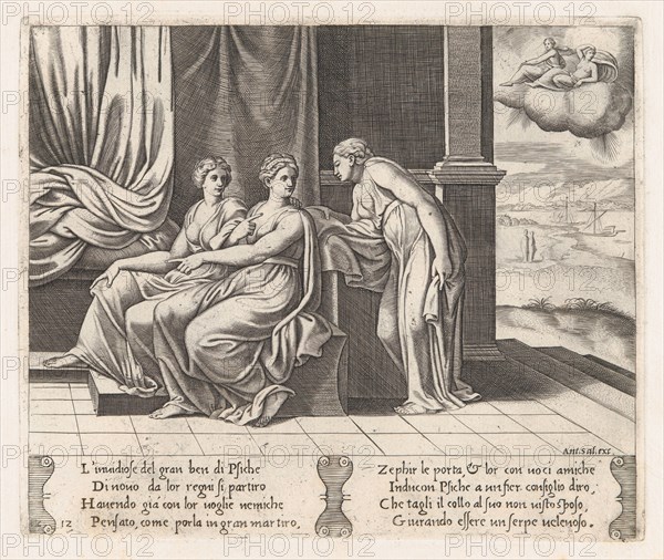 Plate 12: Psyche's sisters persuading Psyche that she has been sleeping with a serpent,..., 1530-60. Creator: Master of the Die.