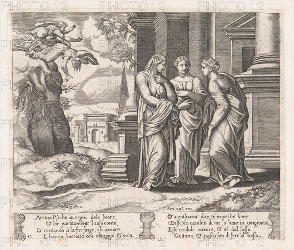 Plate 15: Psyche telling her sisters about her misfortunes, with her sisters falling of..., 1530-60. Creator: Master of the Die.