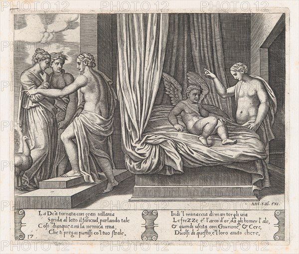 Plate 17: Venus chastising Cupid, who sits on a bed, with Psyche at right, from the Sto..., 1530-60. Creator: Master of the Die.