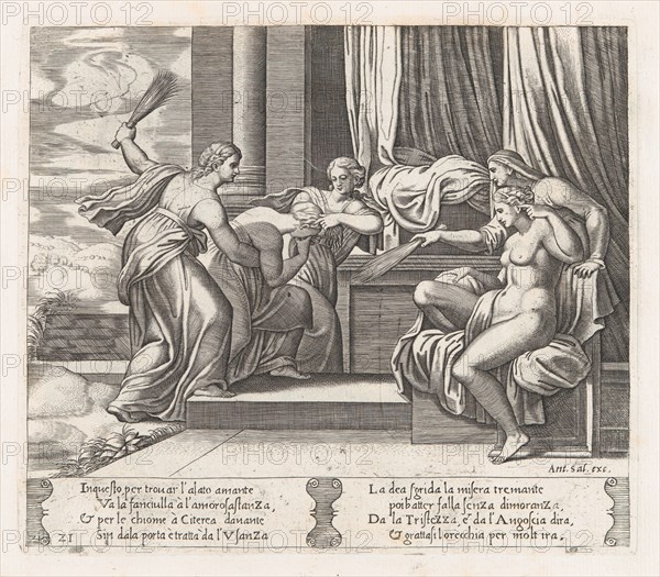 Plate 21: Female personifications of Sorrow and Pain at right punishing Psyche at the b..., 1530-60. Creator: Master of the Die.