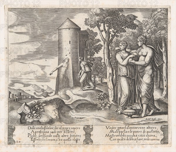 Plate 24: Venus and Psyche standing at right, pointing to the underworld at center, int..., 1530-60. Creator: Master of the Die.