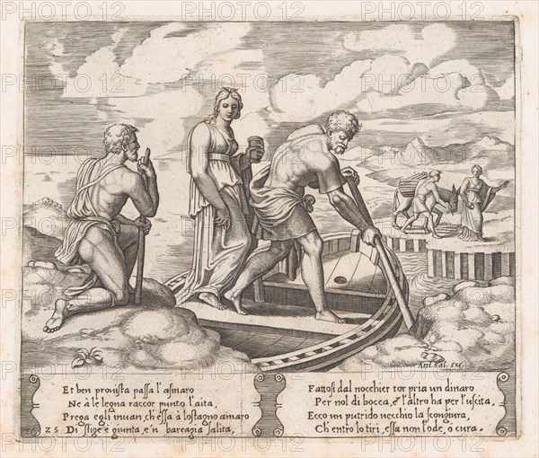 Plate 25: Psyche setting off in Charon's boat, ignoring the old man at left who request..., 1530-60. Creator: Master of the Die.