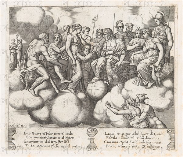 Plate 30: Venus and Cupid pleading their case before Jupiter and other Gods with Mercur..., 1530-60. Creator: Master of the Die.