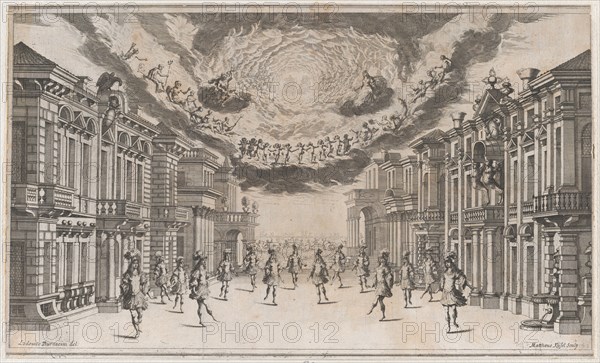 A group of young men dancing as the gods look on from above; set design from 'Il Pomo D'Or..., 1668. Creator: Mathäus Küsel.